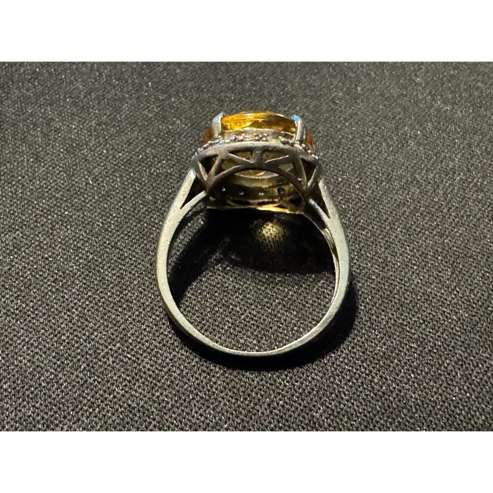 925 Silver Citrine & Diamond Faceted Stone Ring Size 7